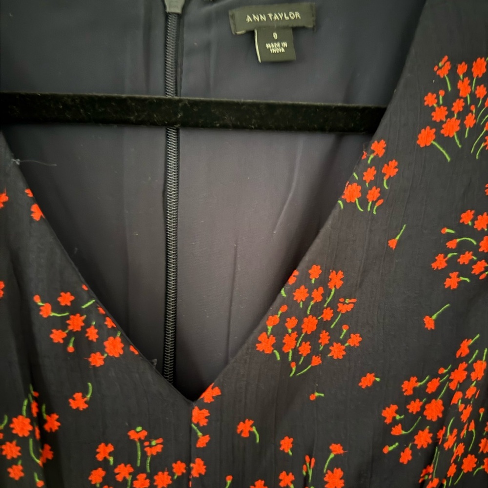 Ann Taylor Black Dress with Red and Green Floral Accents